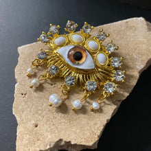 Load image into Gallery viewer, Large Eye Brooch with Drop Pearls - Gold/Amber - Phoenix Menswear