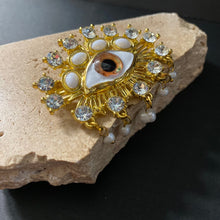 Load image into Gallery viewer, Large Eye Brooch with Drop Pearls - Gold/Amber - Phoenix Menswear