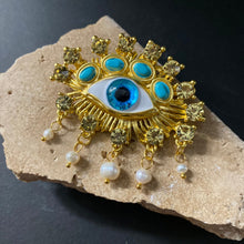 Load image into Gallery viewer, Large Eye Brooch with Drop Pearls - Gold/Blue - Phoenix Menswear