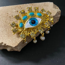 Load image into Gallery viewer, Large Eye Brooch with Drop Pearls - Gold/Blue - Phoenix Menswear