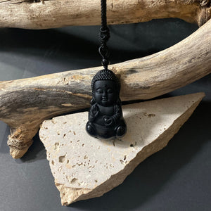 Obsidian Buddha Pendant on Woven Cord Necklace - Phoenix Menswear