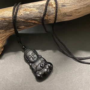 Obsidian Buddha Pendant on Woven Cord Necklace - Phoenix Menswear