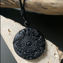 Load image into Gallery viewer, Obsidian Chinese Bagua Dragon Phoenix Pendant on Woven Cord Necklace - Phoenix Menswear