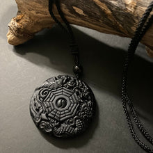 Load image into Gallery viewer, Obsidian Chinese Bagua Dragon Phoenix Pendant on Woven Cord Necklace - Phoenix Menswear