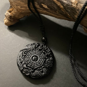 Obsidian Chinese Bagua Dragon Phoenix Pendant on Woven Cord Necklace - Phoenix Menswear