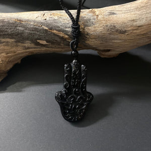 Obsidian Hamsa Hand Om Pendant on Woven Cord Necklace - Phoenix Menswear