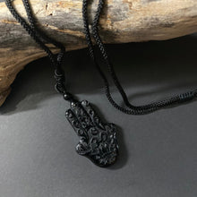 Load image into Gallery viewer, Obsidian Hamsa Hand Om Pendant on Woven Cord Necklace - Phoenix Menswear