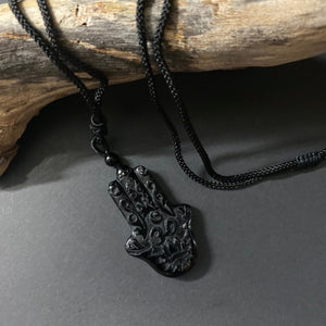 Obsidian Hamsa Hand Om Pendant on Woven Cord Necklace - Phoenix Menswear