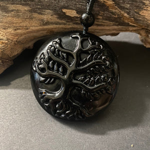 Obsidian Tree of Life Pendant on Woven Cord Necklace - Phoenix Menswear