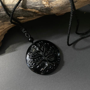 Obsidian Tree of Life Pendant on Woven Cord Necklace - Phoenix Menswear