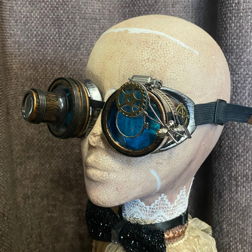 Steampunk Goggles - Silver and Copper with Blue Lens and Magnifiers - Phoenix Menswear