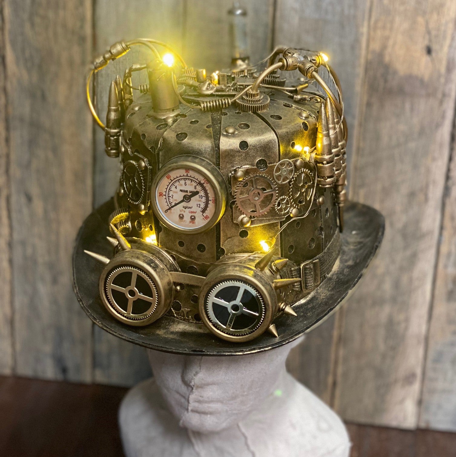 Unisex Steampunk Gauge Style Gold Hat With LED Light Leopard Steampunk Festival Hat – Handmade Captain Cap with  main image 2