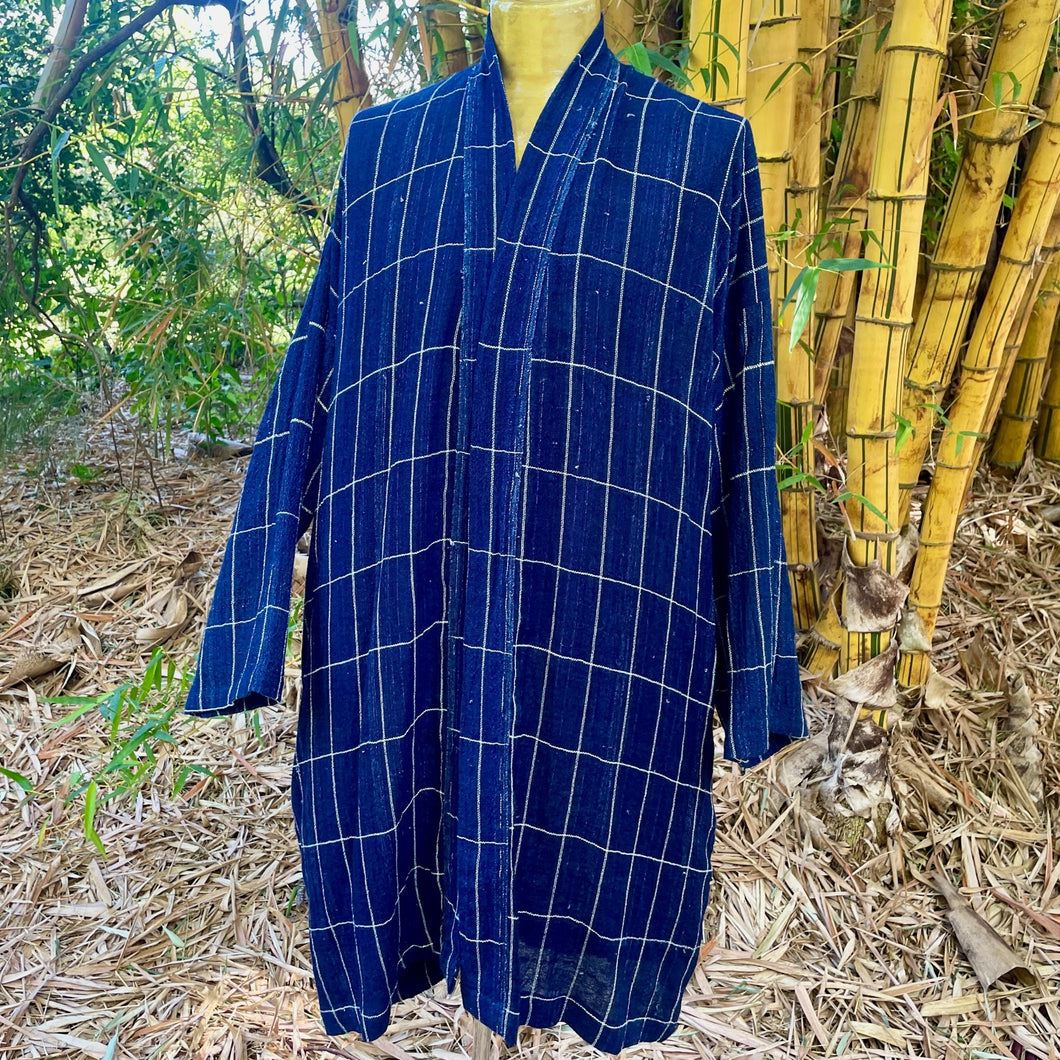 Upcycled Duster Navy Blue White Pinstripe Check Pockets Jacket Gown Unisex Immortal Kraft One Size - OOAK - Phoenix Menswear