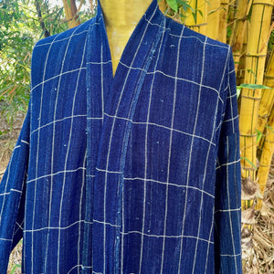 Upcycled Duster Navy Blue White Pinstripe Check Pockets Jacket Gown Unisex Immortal Kraft One Size - OOAK - Phoenix Menswear