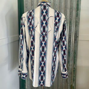 Vintage 1990's Western Aztec White Blue Red L/S Shirt Snaps Sz 2XL - OOAK - Phoenix Menswear