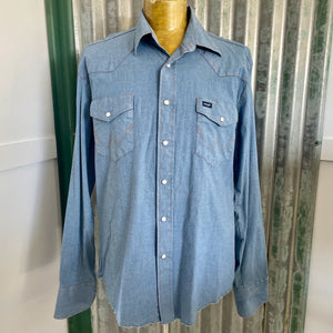 Vintage Wrangler 1990's Western L/S Shirt Denim Blue Sz L - OOAK - Phoenix Menswear