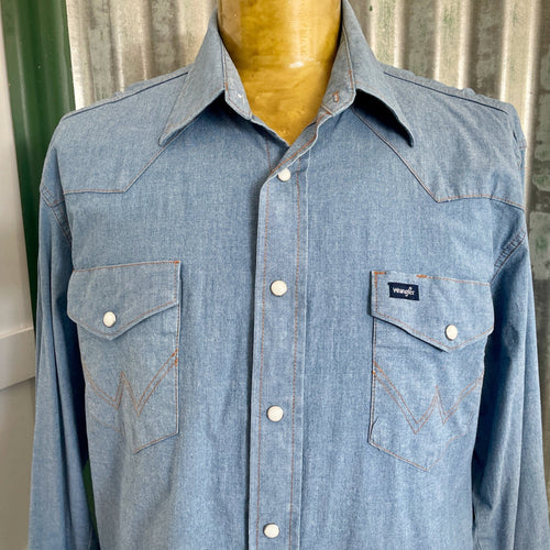 Vintage Wrangler 1990's Western L/S Shirt Denim Blue Sz L - OOAK - Phoenix Menswear