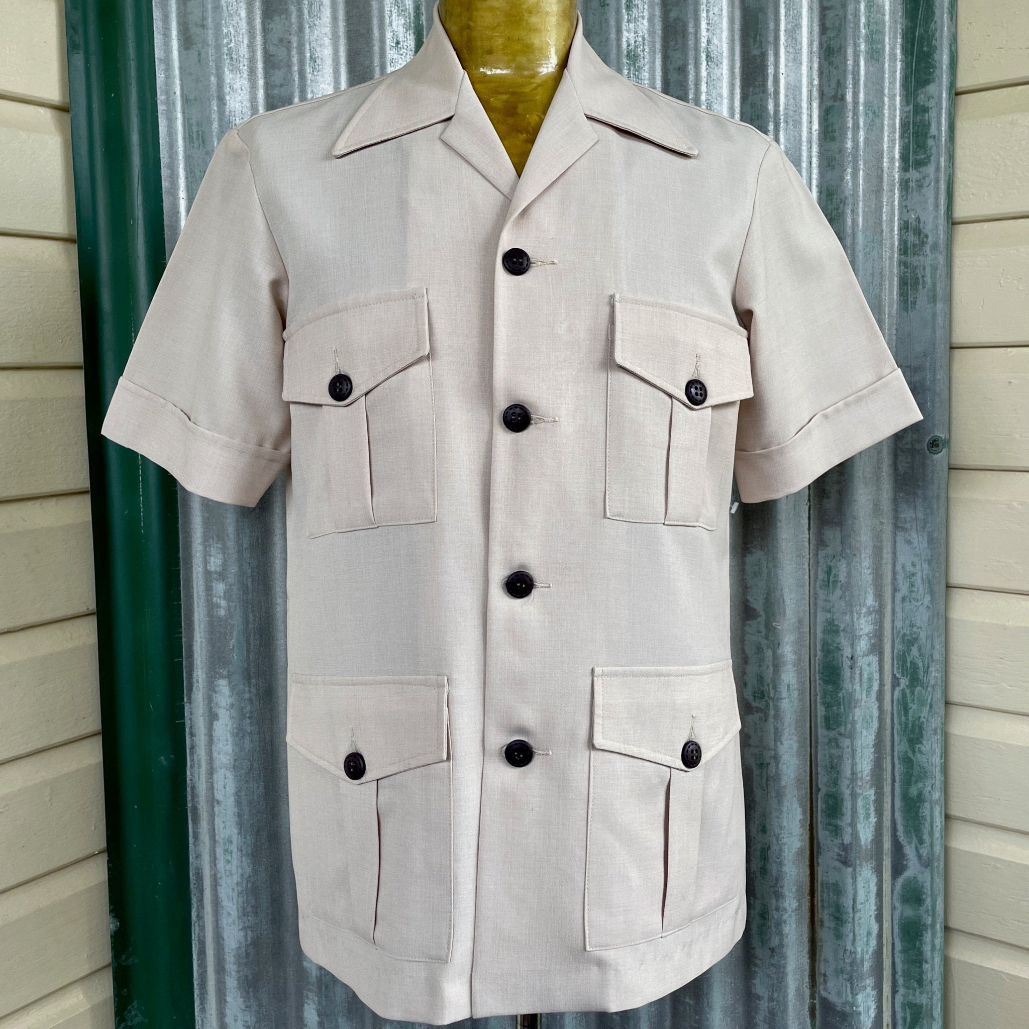 1970 s Safari Jacket Vintage Cream Retro Short Sleeve Pockets Sz L O Phoenix Menswear
