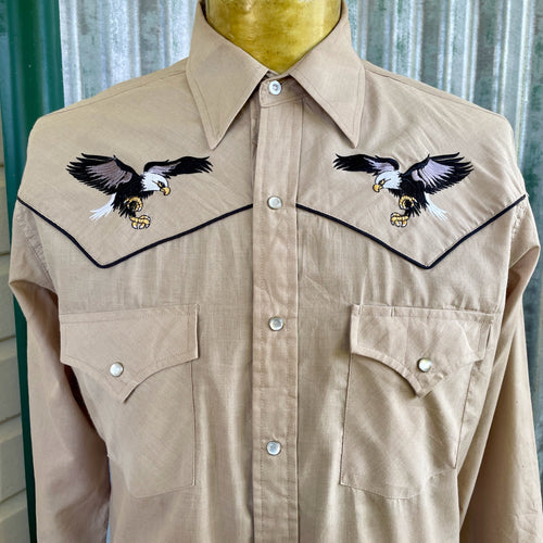 1970's Vintage Eagle Embroidered Beige Western L/S Shirt Snaps Sz M - OOAK - Phoenix Menswear