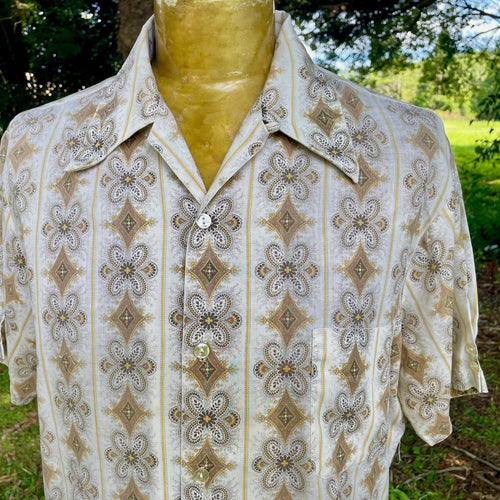 1970's Vintage Floral Print Brown Cream Cotton S/S Shirt Sz L - OOAK - Phoenix Menswear