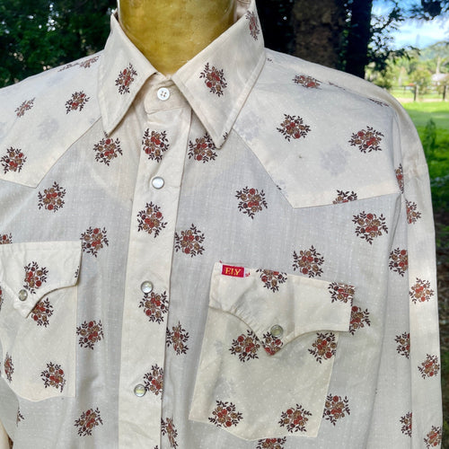 1970's Vintage Floral Western White L/S Shirt Snaps Sz XL - OOAK - Phoenix Menswear