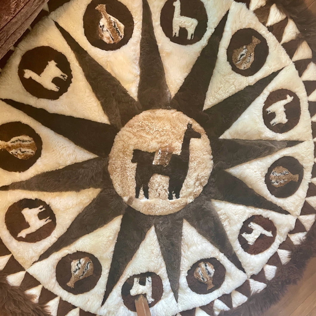 1970's Vintage Handmade Alpaca Fur Carpet Wool Brown White Rug Soft Round - OOAK - Phoenix Menswear