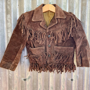 1970's Vintage Kid's Brown Suede Fringed Jacket Heavy Soft Sz XS Age 3/4 Years - OOAK - Phoenix Menswear
