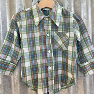 1970's Vintage Kid's Check Plaid Shirt Green Blue Long Sleeve Sz 3T - OOAK - Phoenix Menswear