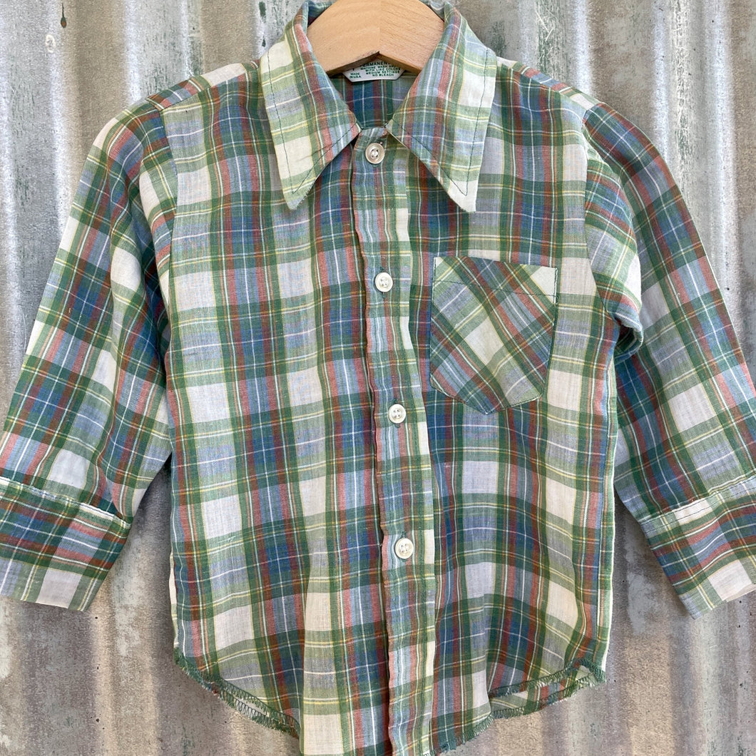 1970's Vintage Kid's Check Plaid Shirt Green Blue Long Sleeve Sz 3T - OOAK - Phoenix Menswear