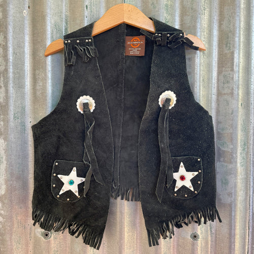 1970's Vintage Kid's Vest Cowboy Western Black Suede Fringed Soft Sz XS - OOAK - Phoenix Menswear