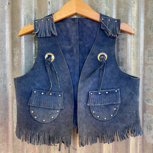 1970's Vintage Kid's Vest Cowboy Western Blue Suede Fringed Soft Sz XS - OOAK - Phoenix Menswear