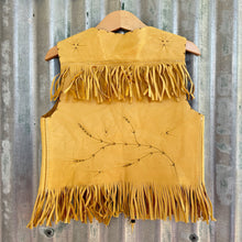 Load image into Gallery viewer, 1970&#39;s Vintage Kid&#39;s Vest Cowboy Western Tan Leather Fringed Soft Leaf Motif Sz XS - OOAK - Phoenix Menswear