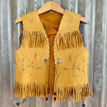 Load image into Gallery viewer, 1970&#39;s Vintage Kid&#39;s Vest Cowboy Western Tan Leather Fringed Soft Leaf Motif Sz XS - OOAK - Phoenix Menswear