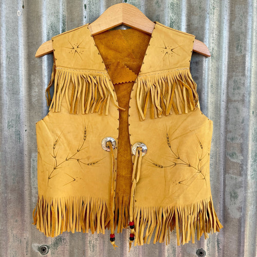 1970's Vintage Kid's Vest Cowboy Western Tan Leather Fringed Soft Leaf Motif Sz XS - OOAK - Phoenix Menswear
