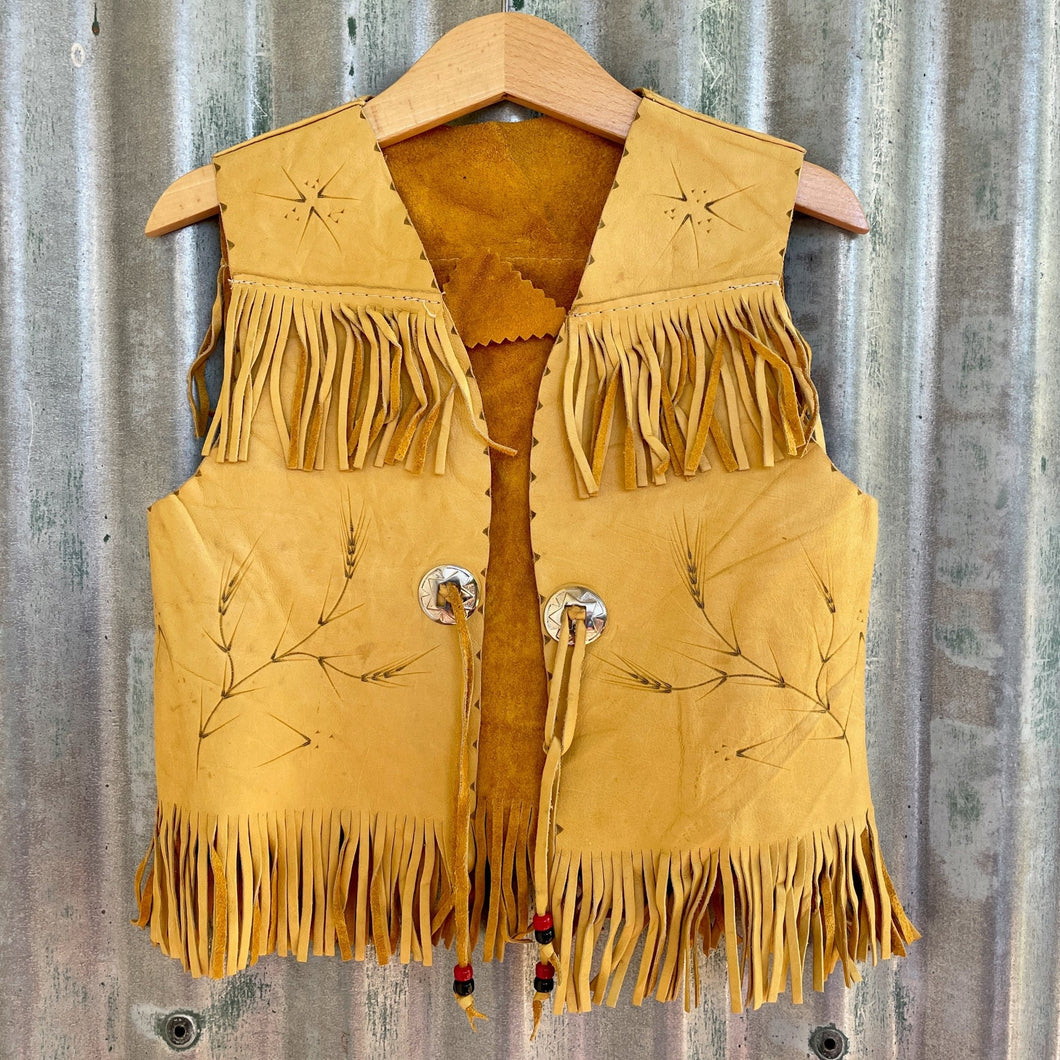 1970's Vintage Kid's Vest Cowboy Western Tan Leather Fringed Soft Leaf Motif Sz XS - OOAK - Phoenix Menswear