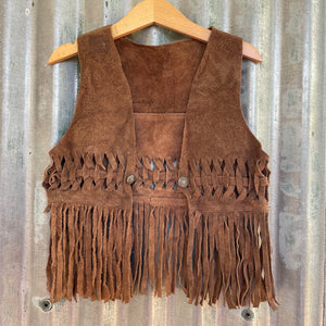 1970's Vintage Kid's Vest Cowboy Western Woven Brown Suede Fringed Soft Sz XS - OOAK - Phoenix Menswear
