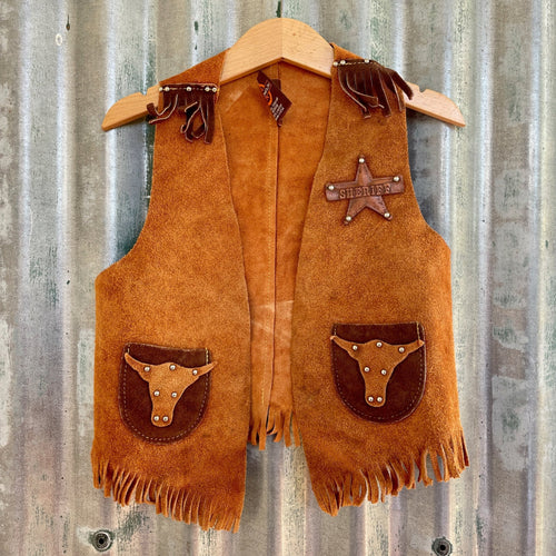 1970's Vintage Kid's Vest Sheriff Cowboy Western Tan Suede Fringed Soft Sz XS - OOAK - Phoenix Menswear
