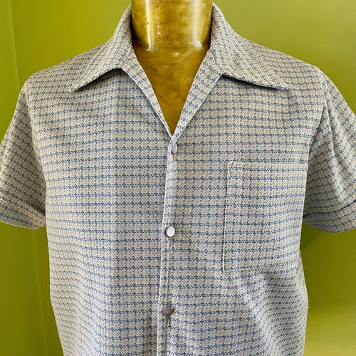 1970's Vintage Pale Blue Geometric Patterned S/S Shirt Sz M - OOAK - Phoenix Menswear