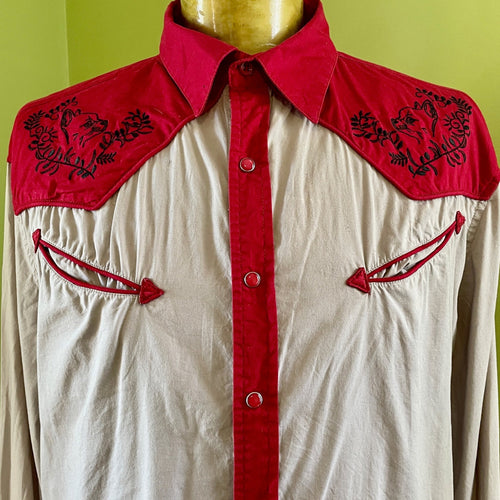 1970's Vintage Red Grey Floral Western L/S Shirt Sz XXL - OOAK - Phoenix Menswear