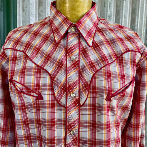 1970's Vintage Red Yellow Check Western L/S Shirt Sz L - OOAK - Phoenix Menswear