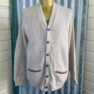 1970's Vintage Shetland Wool Knit Cream Cardigan Leather Pocket Trim Elbow Patches Buttons Sz L - OOAK - Phoenix Menswear