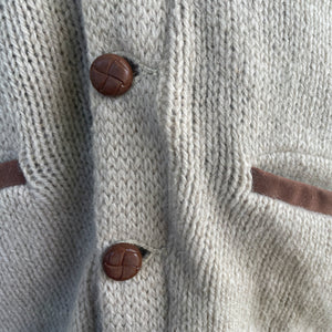 1970's Vintage Shetland Wool Knit Cream Cardigan Leather Pocket Trim Elbow Patches Buttons Sz L - OOAK - Phoenix Menswear