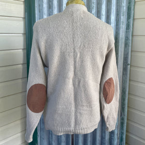 1970's Vintage Shetland Wool Knit Cream Cardigan Leather Pocket Trim Elbow Patches Buttons Sz L - OOAK - Phoenix Menswear