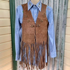 1970s Vintage Suede Vest Brown Fringe Cutouts Brass Hoops Studs Unisex Sz S - OOAK - Phoenix Menswear