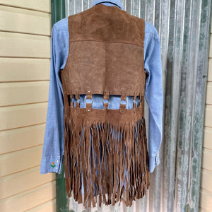 1970s Vintage Suede Vest Brown Fringe Cutouts Brass Hoops Studs Unisex Sz S - OOAK - Phoenix Menswear