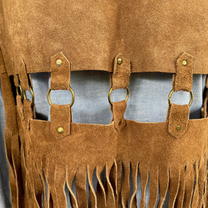 1970s Vintage Suede Vest Brown Fringe Cutouts Brass Hoops Studs Unisex Sz S - OOAK - Phoenix Menswear