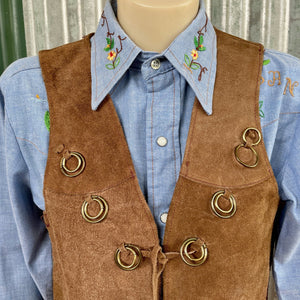 1970s Vintage Suede Vest Brown Fringe Cutouts Brass Hoops Studs Unisex Sz S - OOAK - Phoenix Menswear