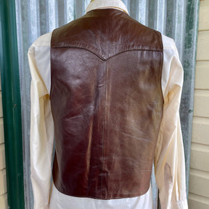 1970s Vintage Western Leather Vest Brown Buttons Pockets New York USA Sz M - OOAK - Phoenix Menswear