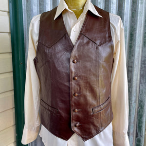 1970s Vintage Western Leather Vest Brown Buttons Pockets New York USA Sz M - OOAK - Phoenix Menswear