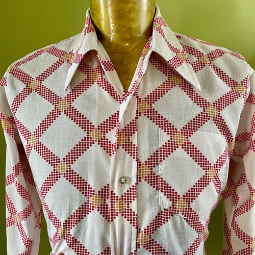 1970's Vintage White Red Dot Geometric Print L/S Shirt Sz S - OOAK - Phoenix Menswear